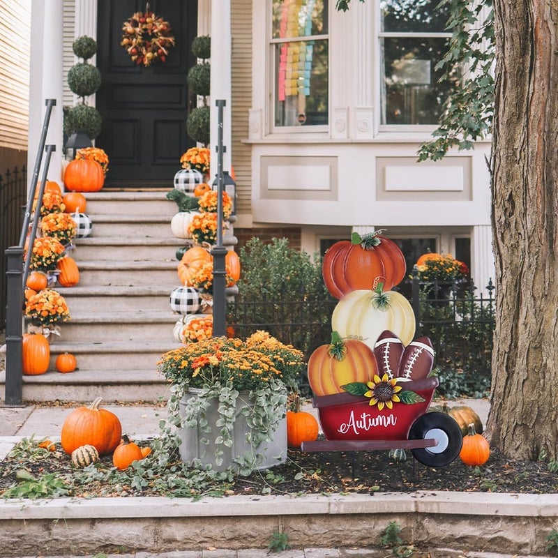 YEAHOME Fall Decorations Outdoor, Stacked Pumpkin Football Wheelbarrow Decorative Garden Stakes, Autumn Metal Cart Yard Signs for Home Outside Garden Lawn Porch Decor, Thanksgiving Decorations - Image 2